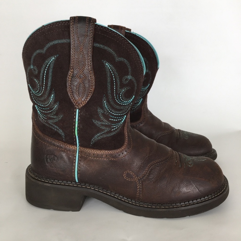 Ariat Fatbaby Heritage Dapper Western Boots Dark Brown Leather Teal Stitching